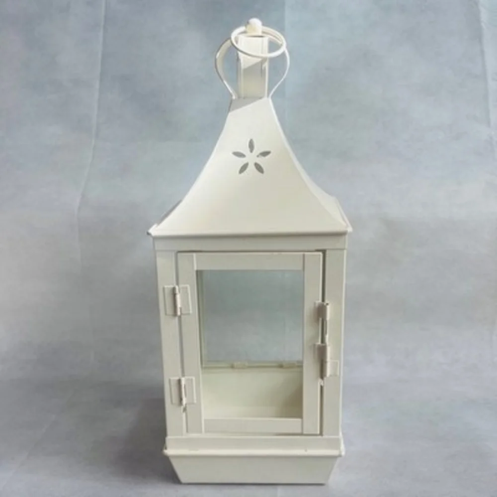 Large White Candle Lantern Metal Glass Farmhouse Decor Lantern Candle Holder VG